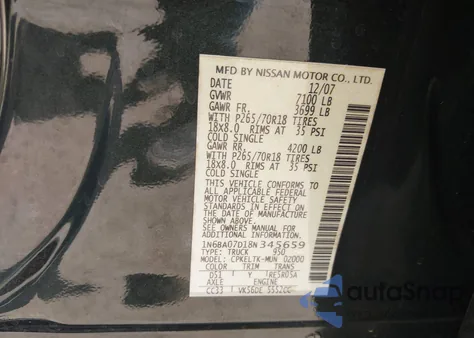 2008 Nissan Titan Le/Se z USA, uszkodzony, nr VIN 1N6BA07D18N345659